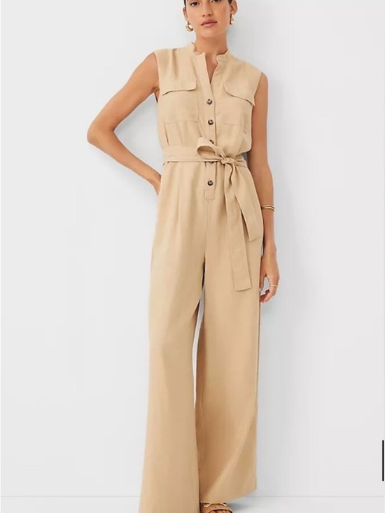 Ann Taylor Pants - Ann Taylor Sandstone Sleeveless Wide-Leg Jumpsuit
